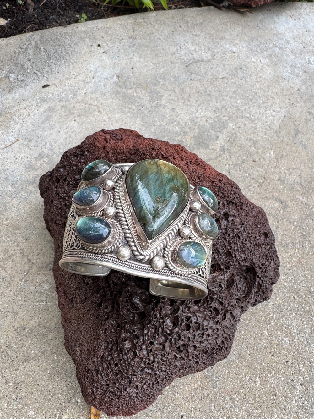 Handcrafted Labradorite Silver Cuff Bracelet - Green Blue Gemstones